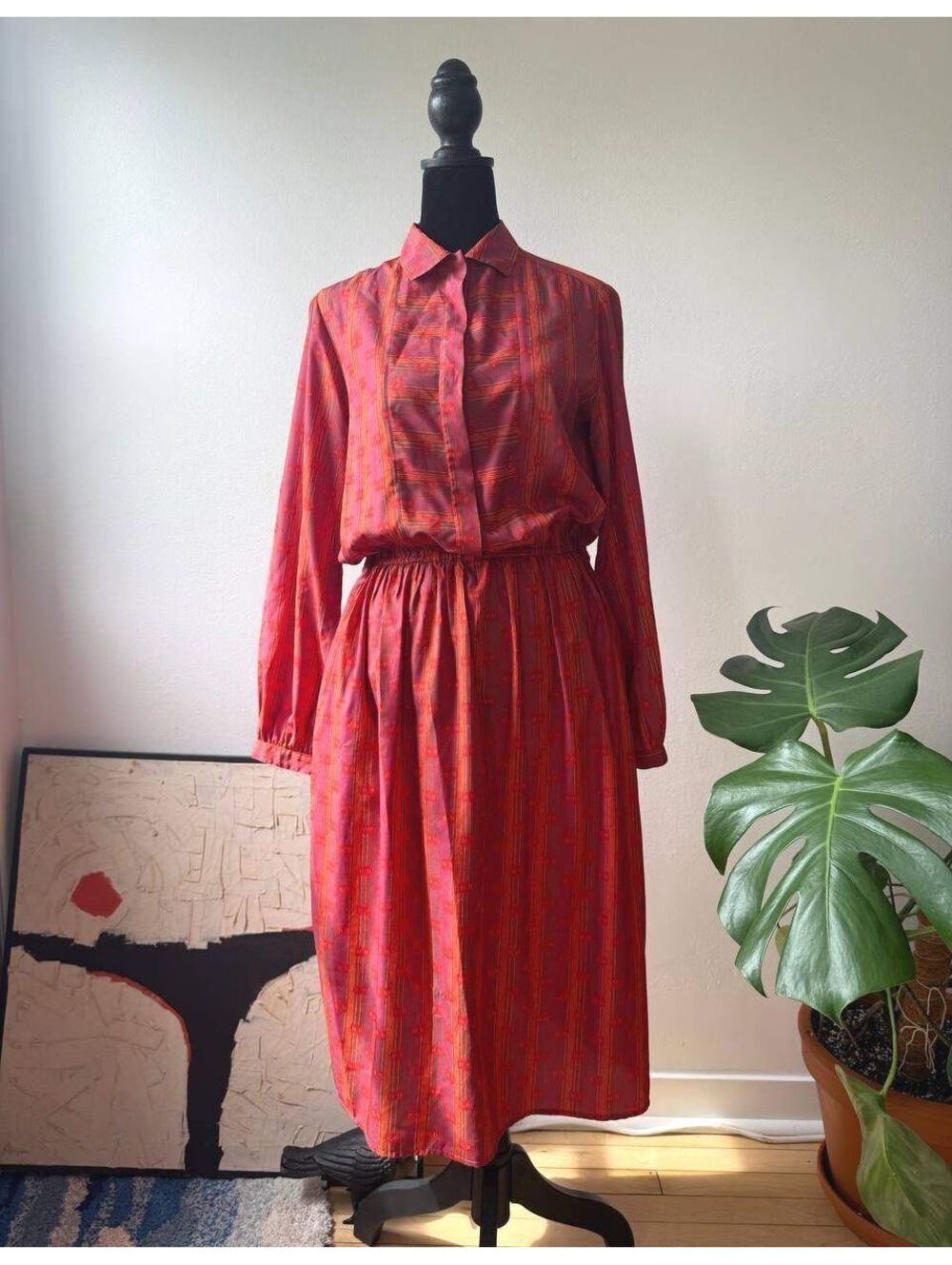 Vintage Jack Mulqueen Silksational Midi Dress with Red Abstract Pattern, Size S